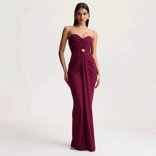 Damen Elegantes langes Abendkleid mit gerafftem Oberteil und goldener Schnalle EB