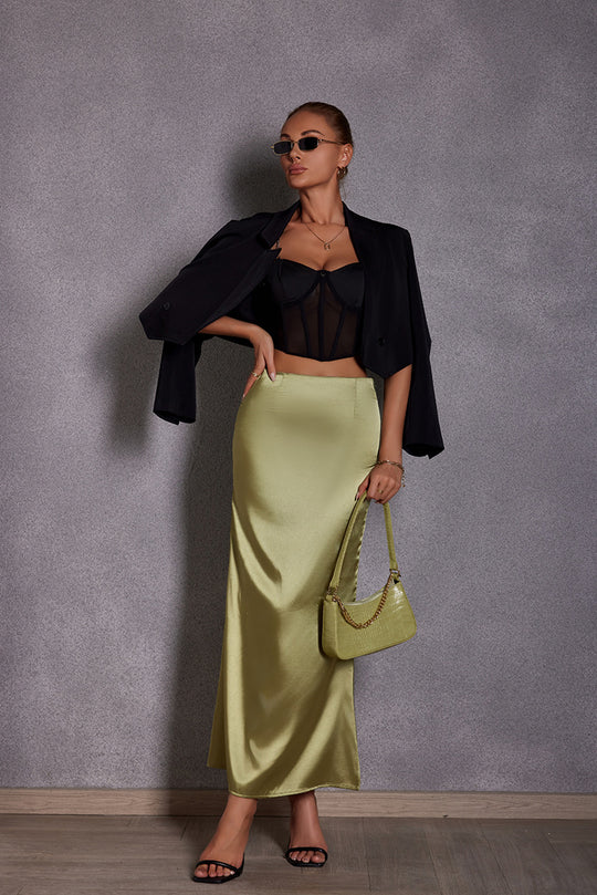 Damen Eleganter Maxirock aus glänzendem Satin mit hohem Schlitz EB