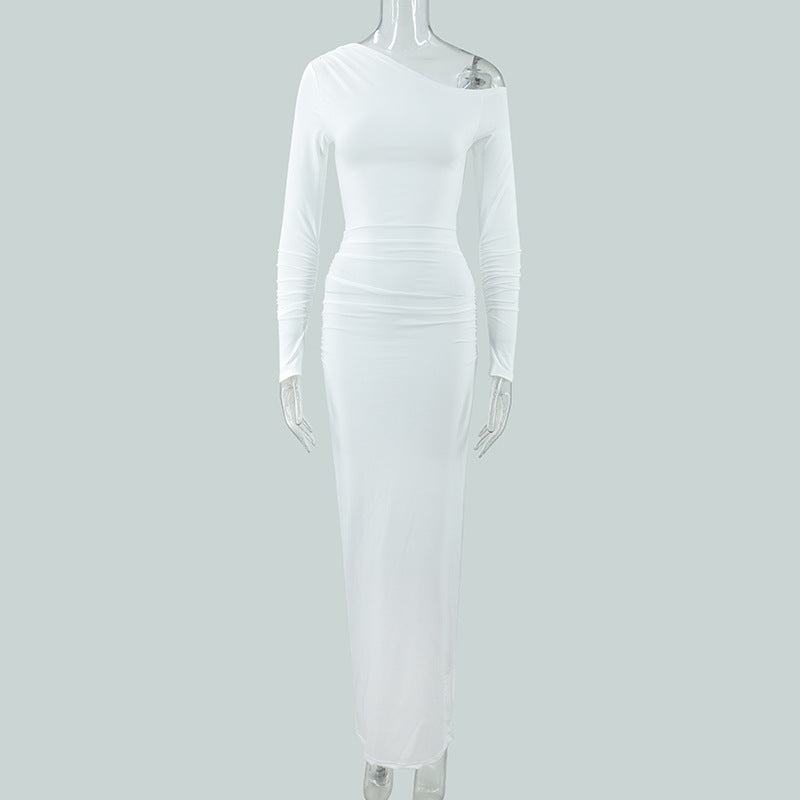 Damen elegantes One-Shoulder Maxikleid mit figurschmeichelnder Raffung EB
