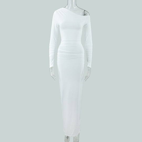 Damen elegantes One-Shoulder Maxikleid mit figurschmeichelnder Raffung EB