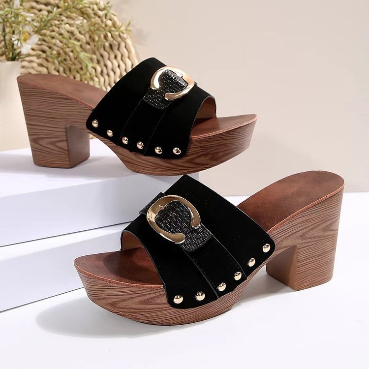 Damen Plattform-Sandalen mit modischem Schnallen-Design und Holzoptik EB