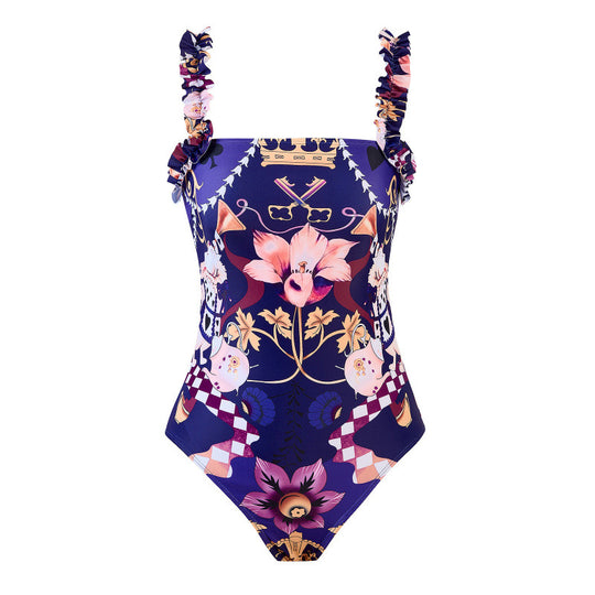 Damen Einteiler Badeanzug mit verspieltem Blumendesign und passendem Strandrock EB