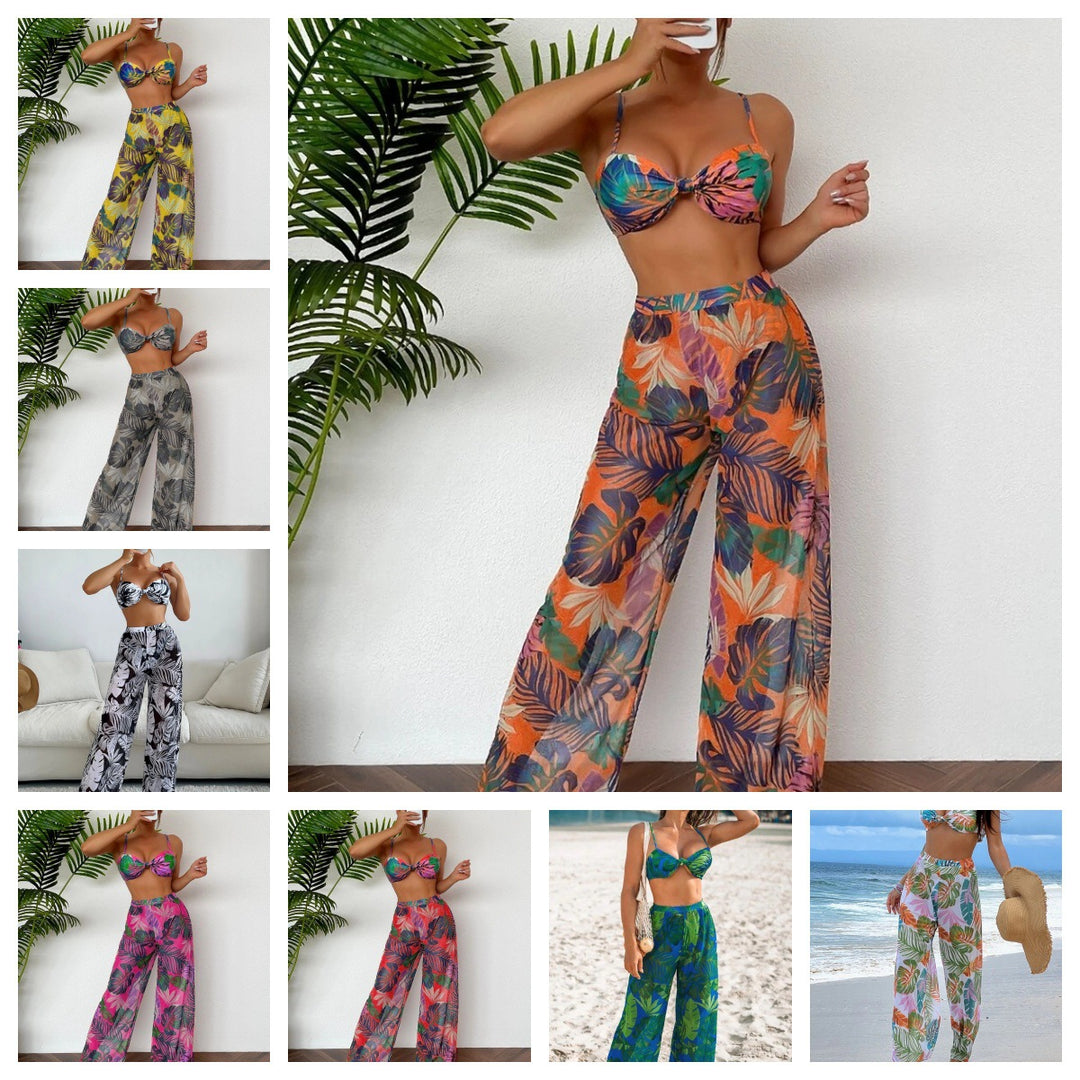 Damen Badeset mit floralem Design und lockeren Palazzohosen EB