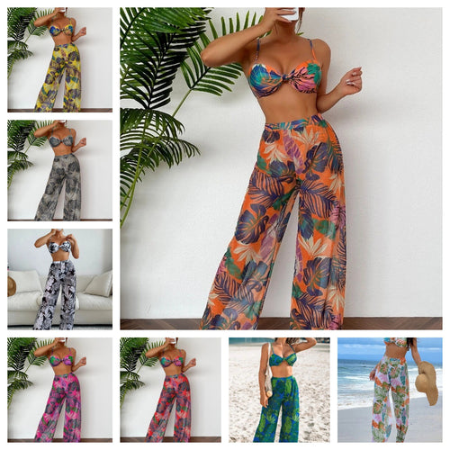 Damen Badeset mit floralem Design und lockeren Palazzohosen EB