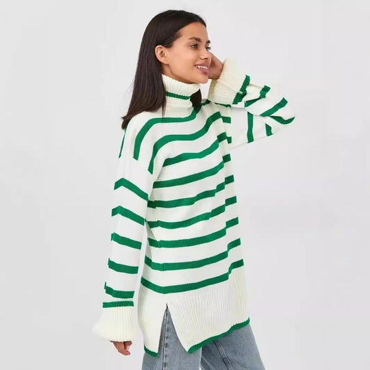 Damen gestrickter Rollkragenpullover mit modernem Streifenmuster und weitem Schnitt EB