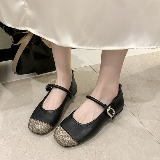 Damen elegante Ballerinas mit funkelndem Zehenbereich und dekorativem Riemen EB
