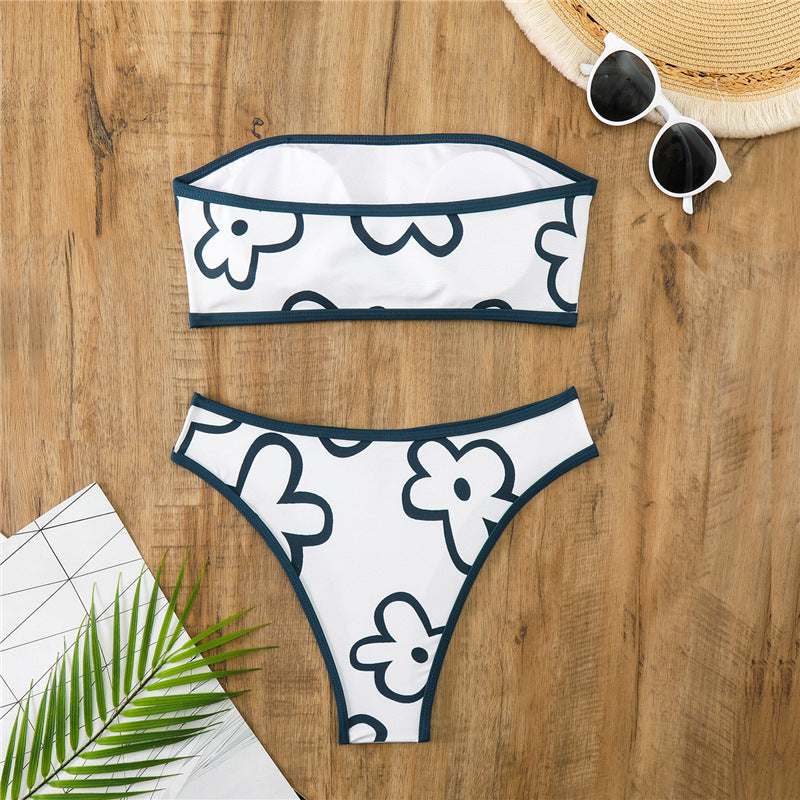 Damen Bandeau-Bikini mit floralem Muster und hohem Schnitt EB