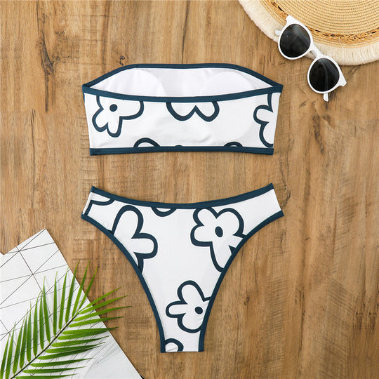Damen Bandeau-Bikini mit floralem Muster und hohem Schnitt EB