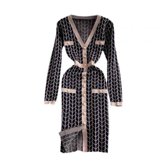 Damen Strickkleid mit Knopfdetaillierung und V-Ausschnitt EB
