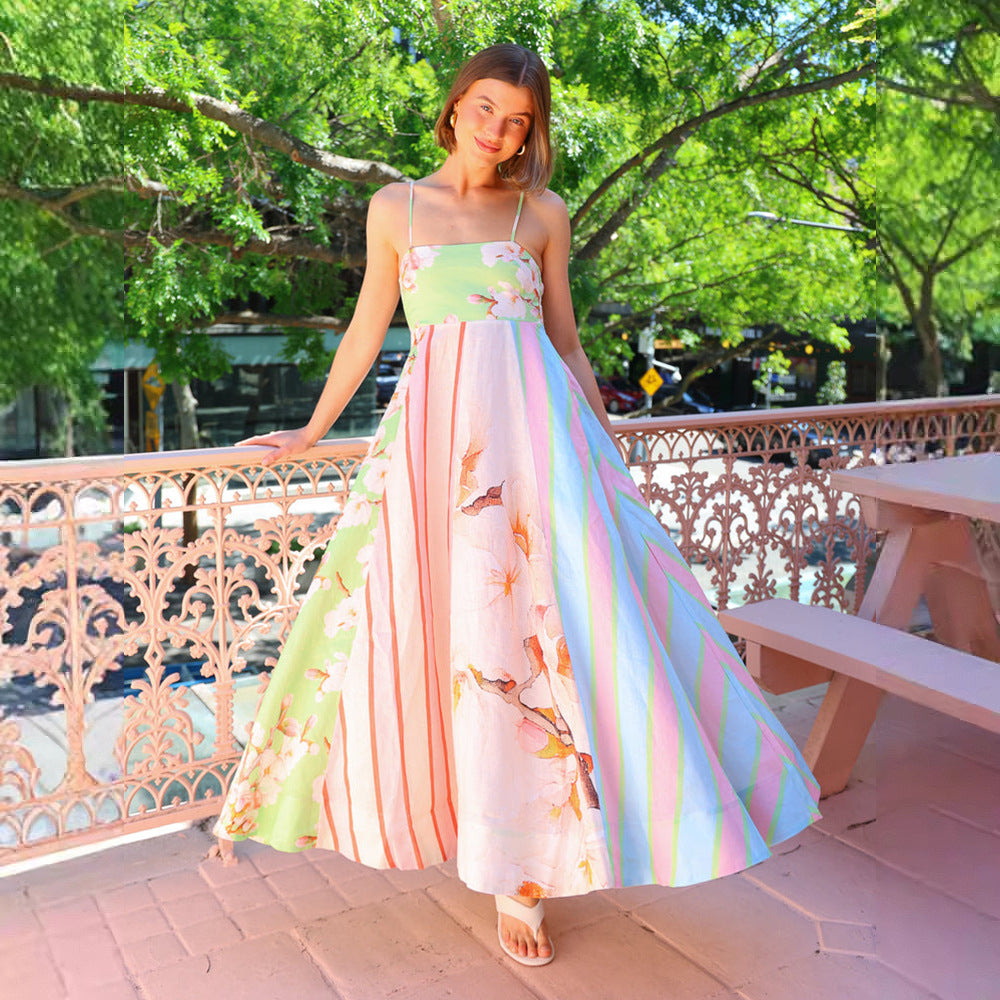 Damen Maxikleid mit floralem und gestreiftem Design EB