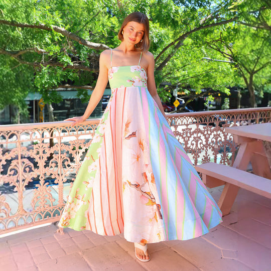 Damen Maxikleid mit floralem und gestreiftem Design EB