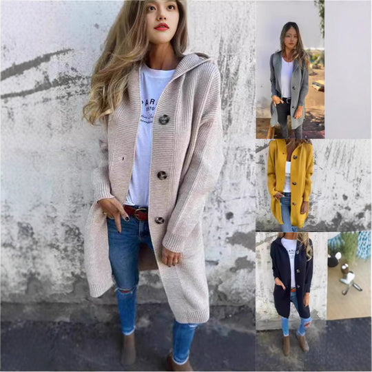 Damen Strickjacke mit Kapuze und dekorativen Knöpfen EB