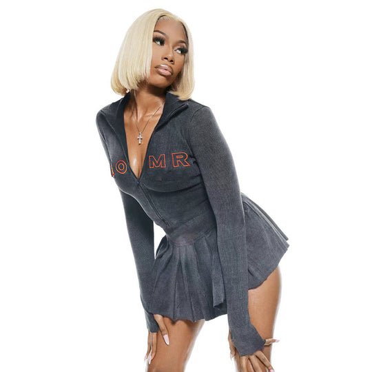 Damen nan geripptes zweiteiliges Crop-Set mit Reißverschluss, Stehkragen und plissiertem Faltenrock EB