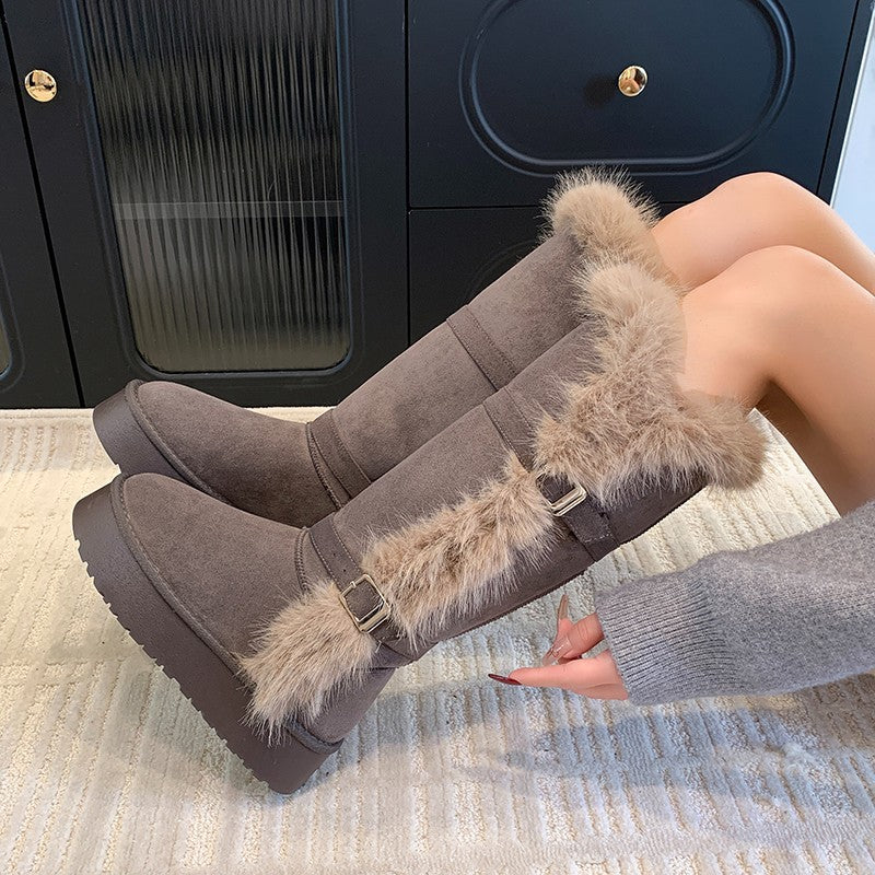 Damen kuschelige Winterstiefel mit weichem Kunstfellrand und modischen Schnallen EB