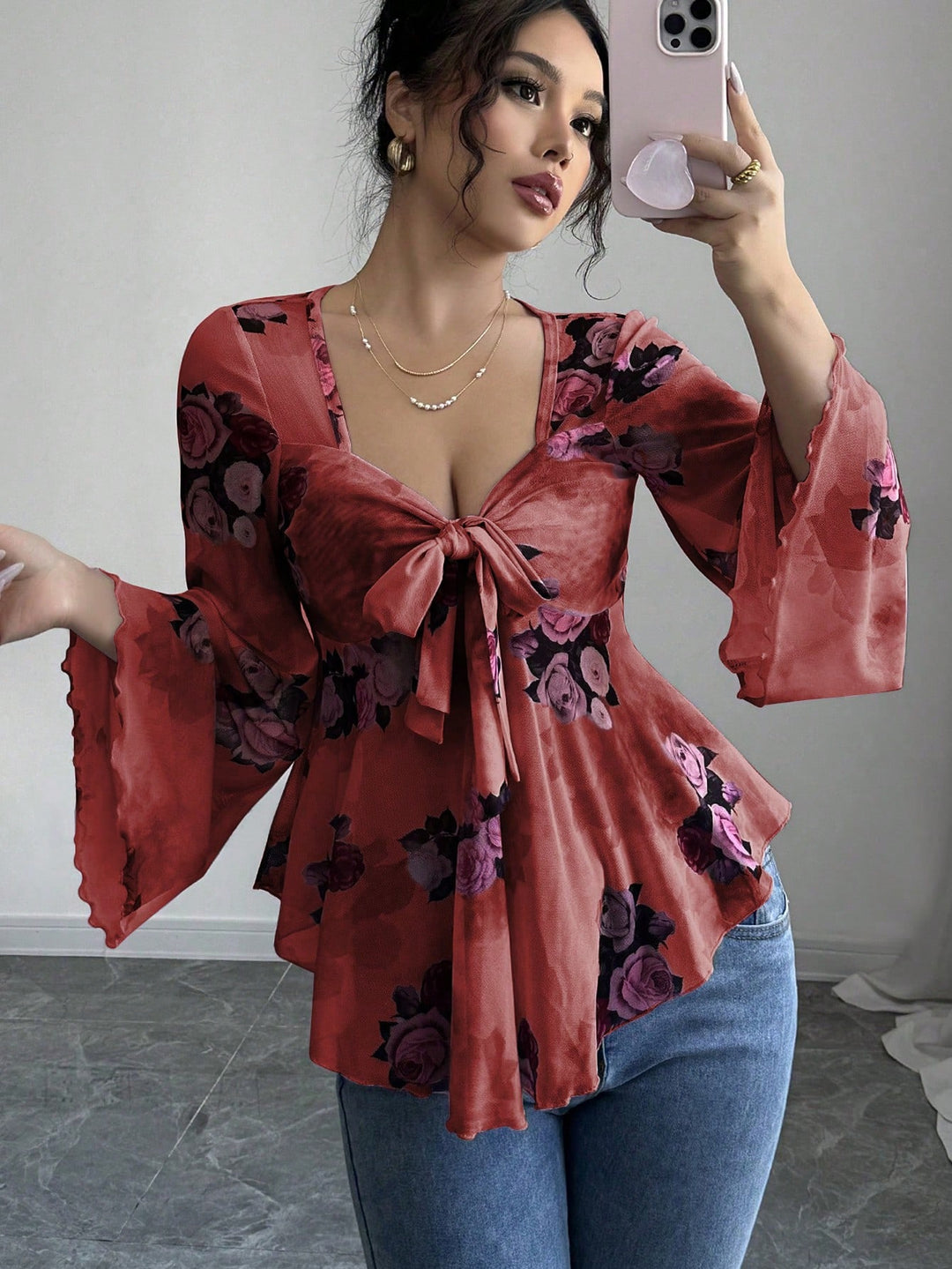 Damen luftige Bluse mit Blumenmuster EB
