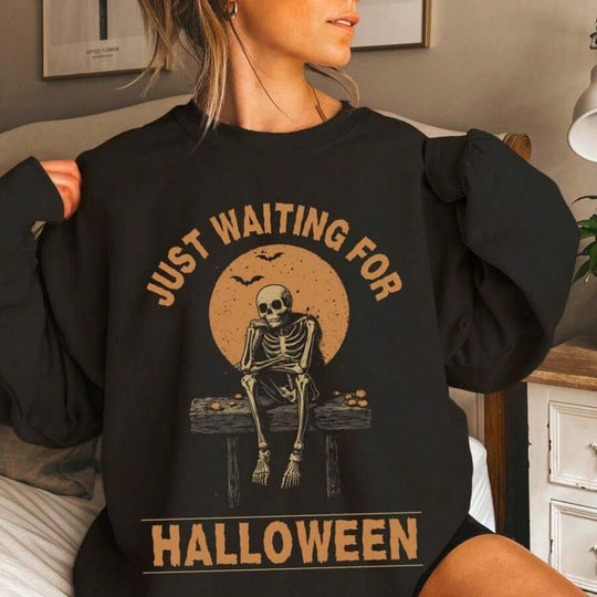 Damen nan Oversize-Sweatkleid mit Halloween-Skelettprint, weichem Baumwollmix und geripptem Rundhalsausschnitt EB