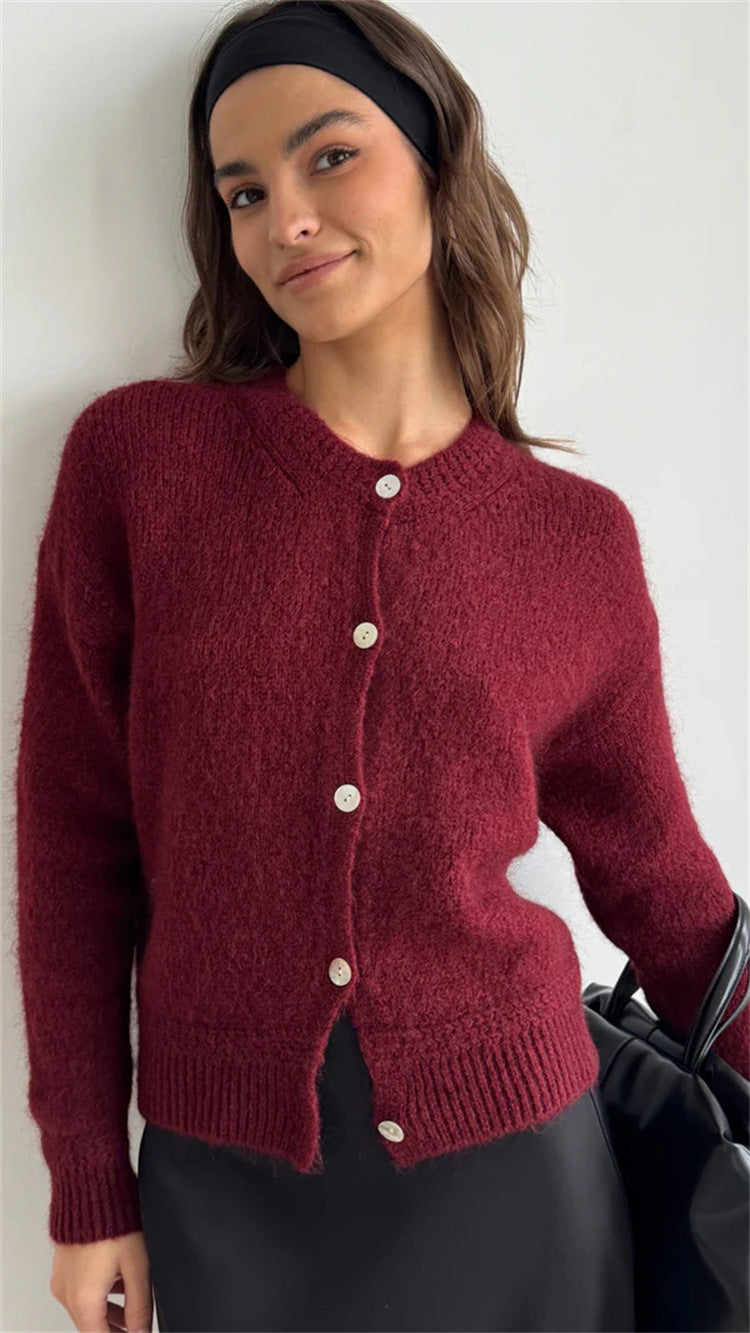 Damen kuschelige Strickjacke mit knöpfbarem Design und voluminösen Ärmeln EB