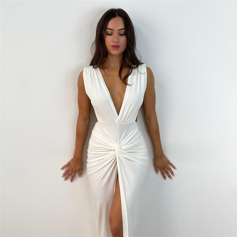 Damen Lange Maxikleid mit tiefem V-Ausschnitt und seitlicher Drapierung EB