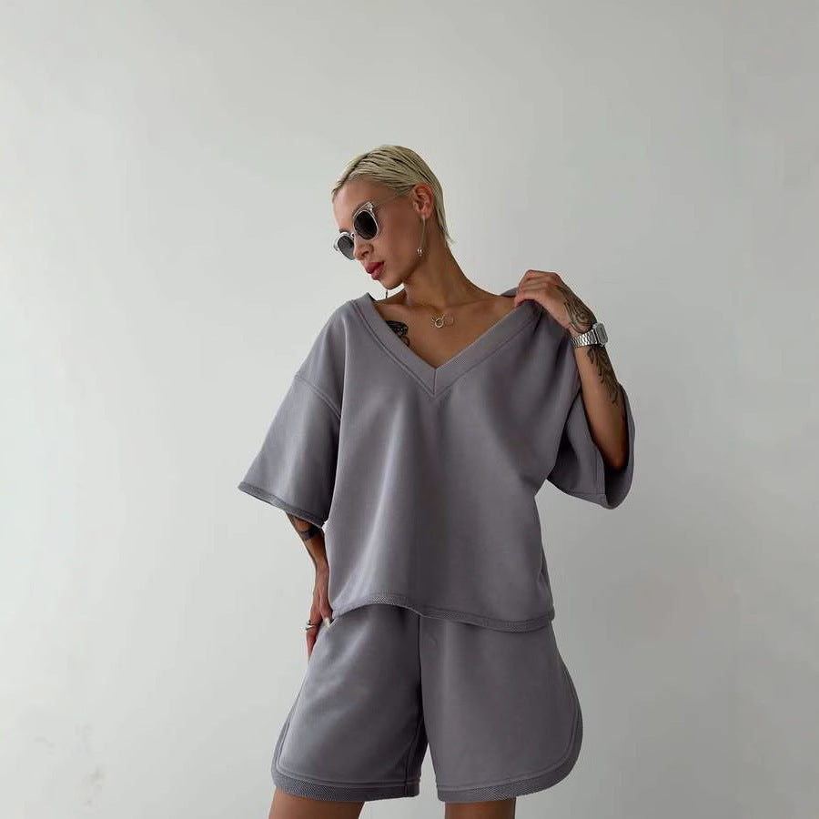 Damen lässiges Oberteil und Shorts-Set mit V-Ausschnitt und weitem Schnitt EB