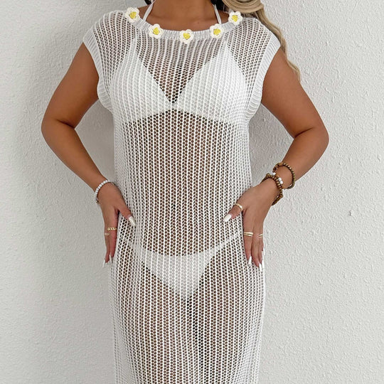 Damen luftiger Netzstrandkleid mit Fransen EB