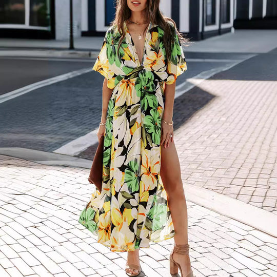 Damen Maxikleid mit floralem Wickeldesign und tiefem V-Ausschnitt EB