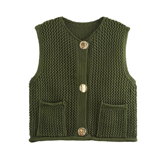 Damen gehäkelte Strickweste mit großen Zierknöpfen und Aufsatztaschen EB