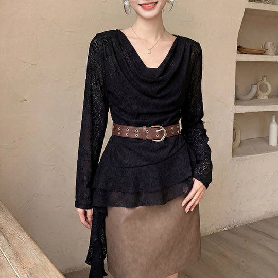 Damen  drapiertes Spitzen-Top mit asymmetrischem Zipfelsaum und Taillengürtel EB