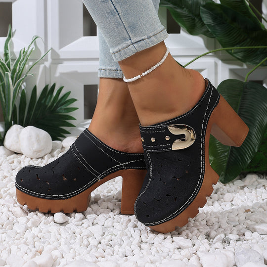 Damen modische Clogs mit perforiertem Design und elegantem Blockabsatz EB