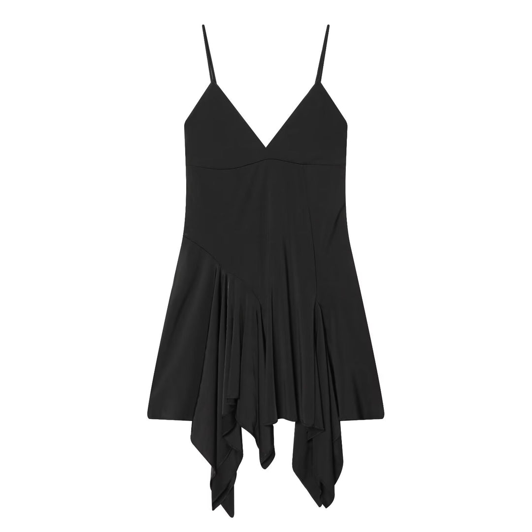 Damen fließendes Spaghetti-Trägerkleid mit asymmetrischem Saum und elegantem Faltenwurf EB