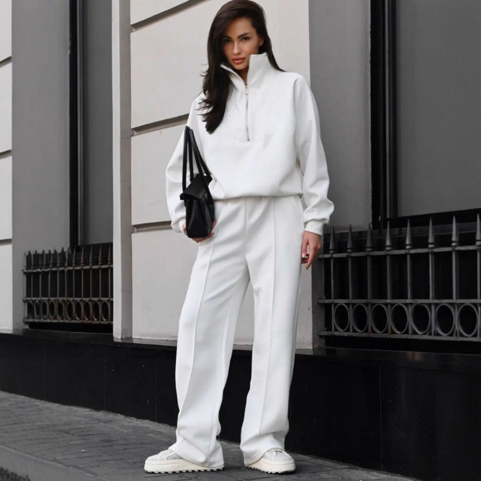 Damen Loungewear-Set mit halbem Reißverschluss und weiter Bügelfalten-Hose EB