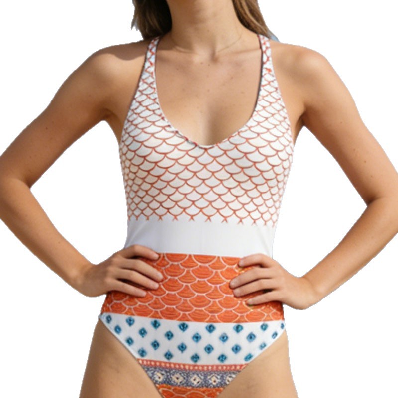 Damen Einteiler Badeanzug mit maritimem Wellenmuster und femininem Ausschnitt EB