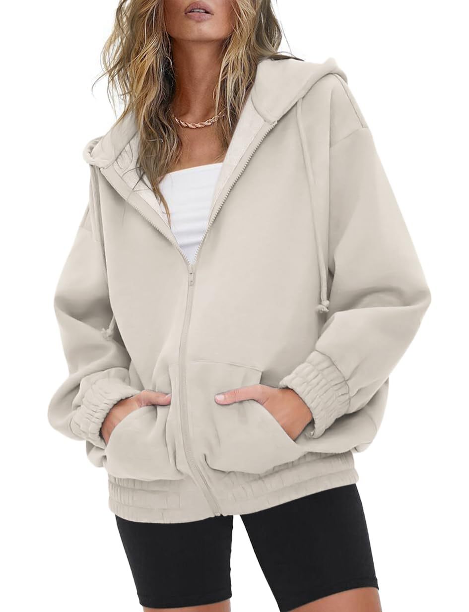 Damen nan oversized Kapuzenjacke mit Reißverschluss, Fleece-Futter und Kängurutaschen EB