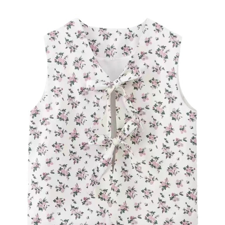 Damen Bluse mit floralen Akzenten und hübschem Bindeband EB