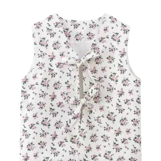 Damen Bluse mit floralen Akzenten und hübschem Bindeband EB