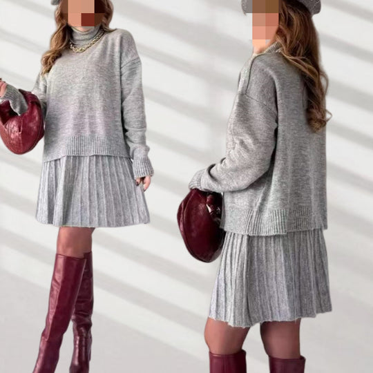 Damen Oversized Strickpullover mit hochwertiger Rippstruktur und passendem Minirock EB