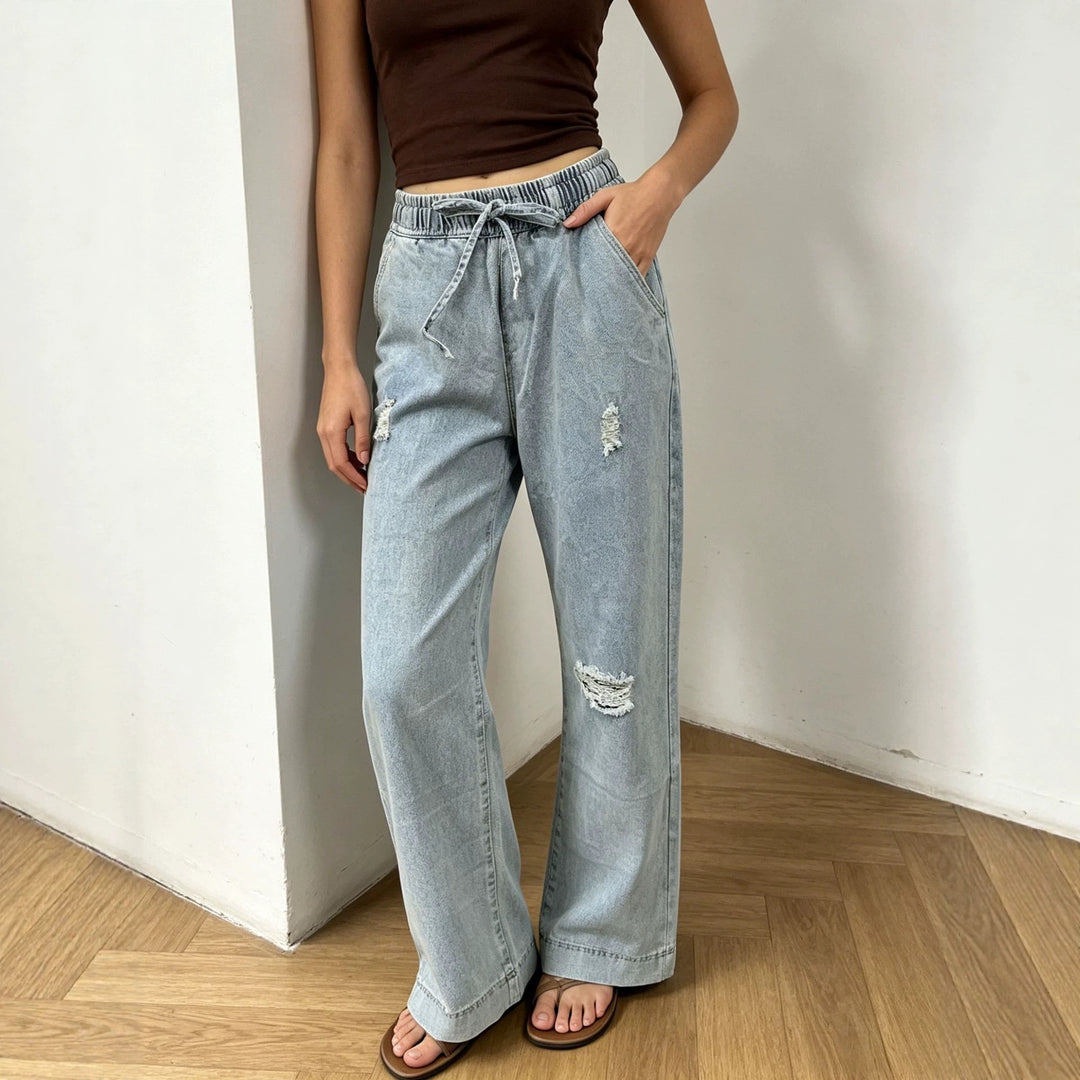 Damen nan weite Denimhose mit elastischem Kordelbund, Used-Effekten und lockerer Passform EB