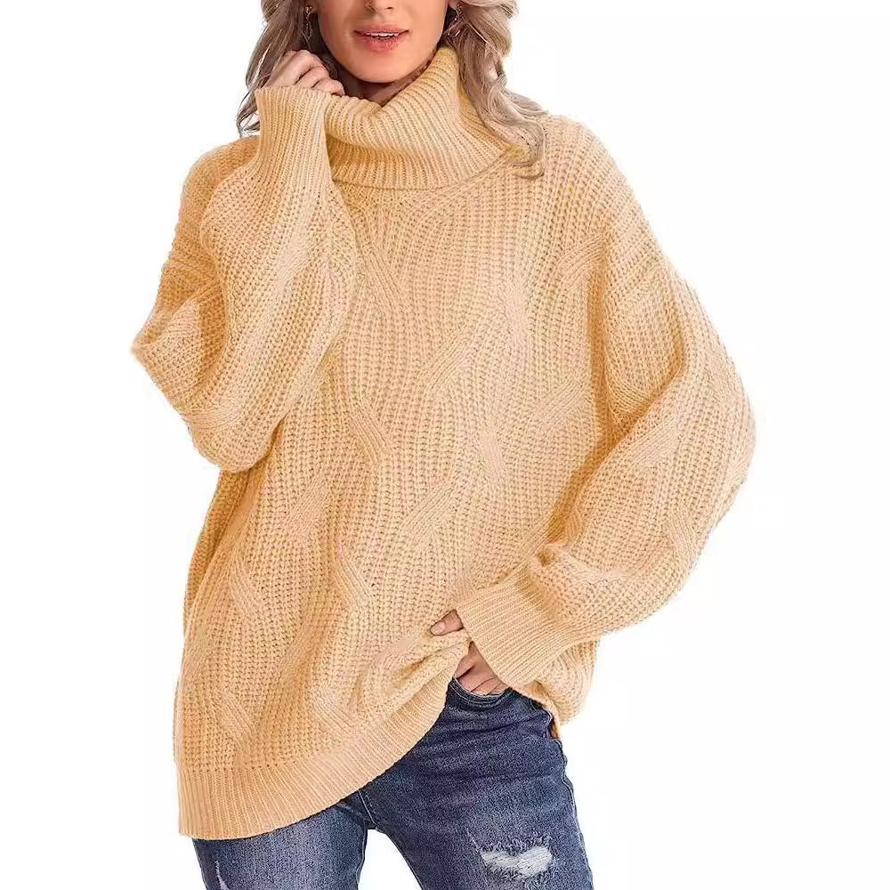 Damen Weicher Strickpullover mit hohem Kragen und Kabelmuster EB
