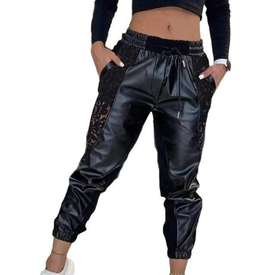 Damen Trendige Kunstleder Jogginghose mit Spitzenbesatz EB