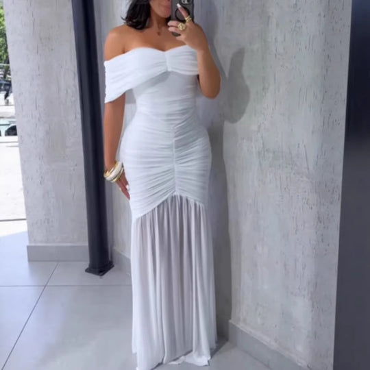 Damen Off-Shoulder Maxikleid mit elegantem Raffungseffekt EB