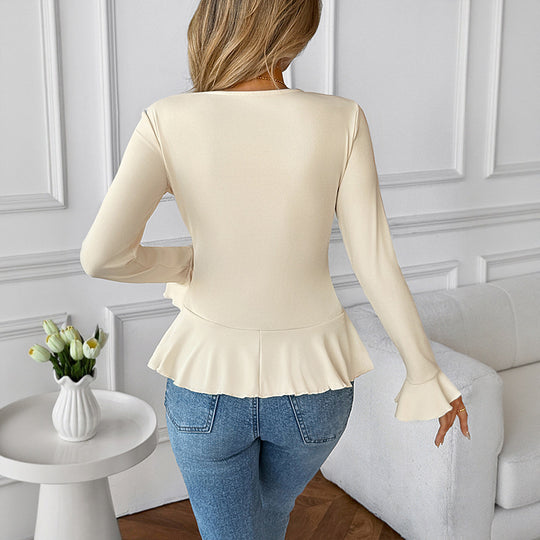 Damen Chiffon-Volantbluse mit Knopfleiste, Tailliertem Schößchen und Rüschenkragen EB