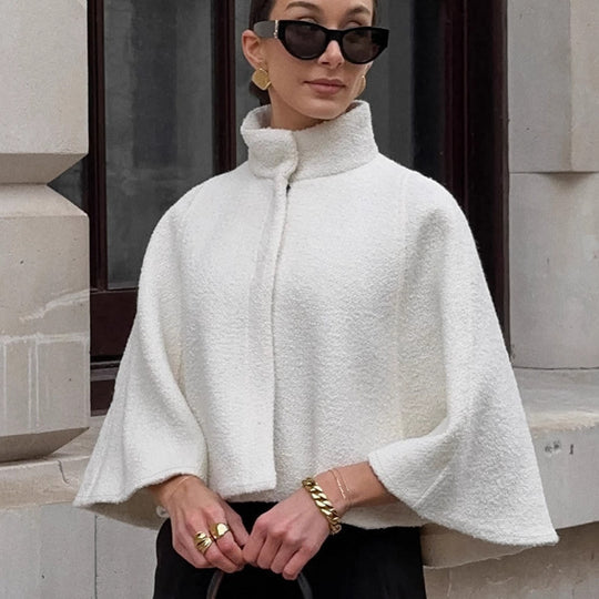 Damen Oversized Wollcape mit hohem Kragen und Knopfdetail EB