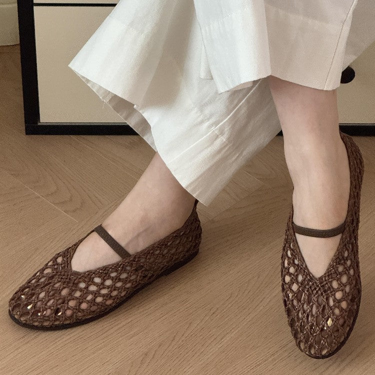 Damen Ballerina-Sandalen mit filigranem Netzdesign und elastischem Riemen EB