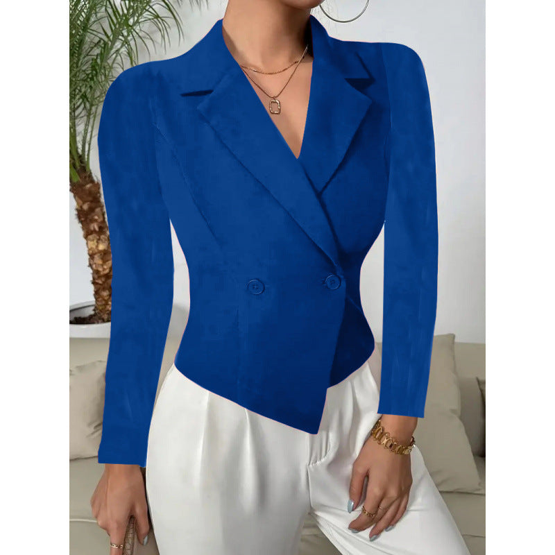 Damen Elegante Blazerjacke mit doppelt knöpfbarer Front und geschwungenem Saum EB
