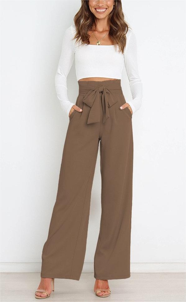 Damen Weit geschnittene High-Waist-Hose mit Binde-Gürtel und Taschen EB
