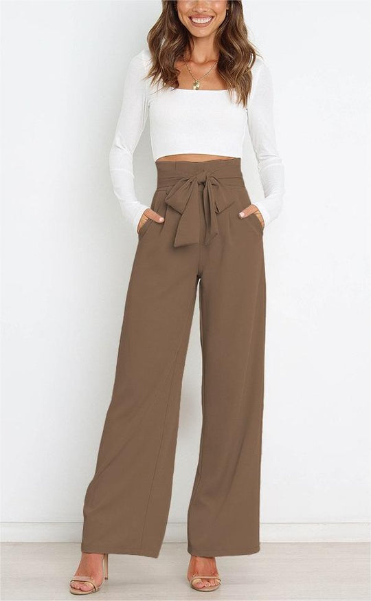 Damen Weit geschnittene High-Waist-Hose mit Binde-Gürtel und Taschen EB