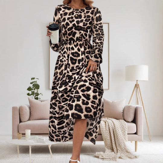 Damen Elegantes Langarm-Maxikleid mit modernem Tierprint und asymmetrischem Saum EB