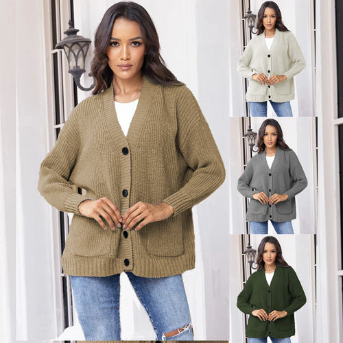 Damen Strickjacke mit großen Taschen und klassischem Knopfverschluss EB