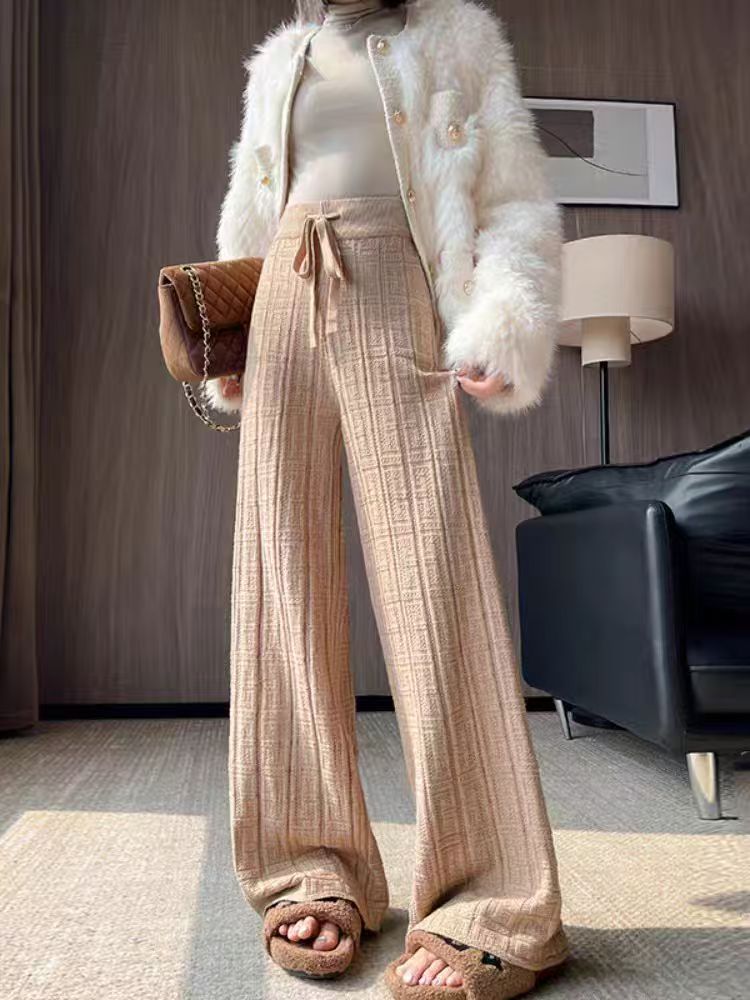 Damen Weit geschnittene Leinenhose mit elastischem Bund und gestreiftem Design EB