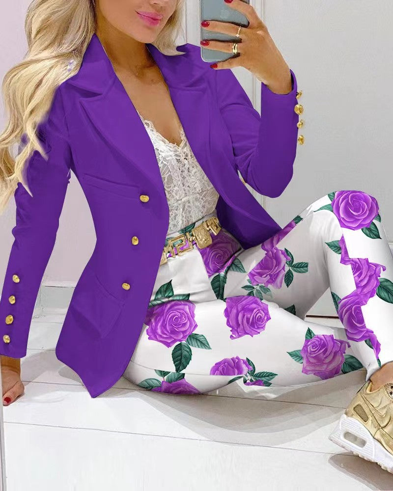 Damen Zweiteiliges Blazer-und-Hose-Set mit Schmetterlingsprint und glamourösem Glitzereffekt EB