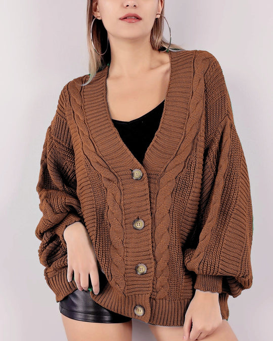 Damen Grobstrick-Cardigan mit großen Knopfdetails und voluminösen Ärmeln EB